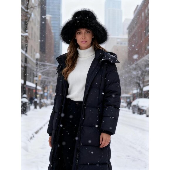Women\'s Black Oversized Winter Long Pile Fur Wide Moldable Brim Warmer Cap main image 5